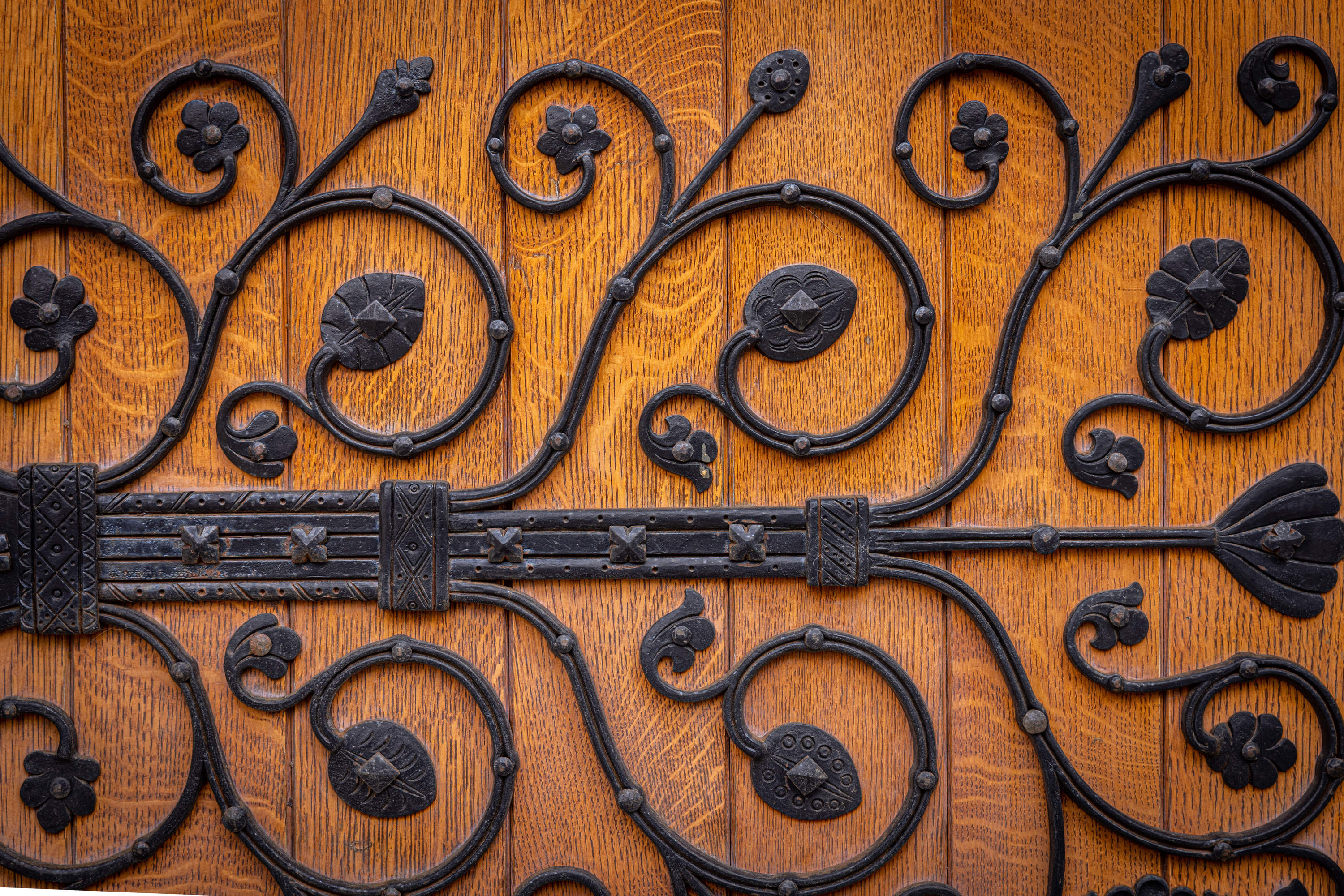Detail show of swirling wrought iron vines adorning a wooden door